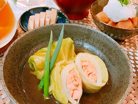 糖質制限☆鮭の和風ロールキャベツ